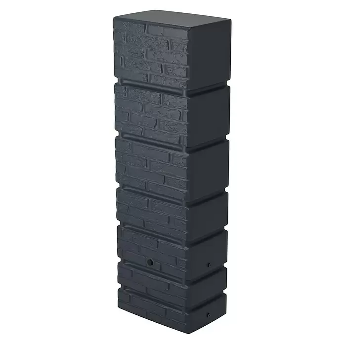 Arves Regenspeicher Tower - 350 l, Anthrazit, 1 Stk. - Dunkelgraue rechteckige Regentonne mit Ziegelsteinmuster und glatten Seiten.