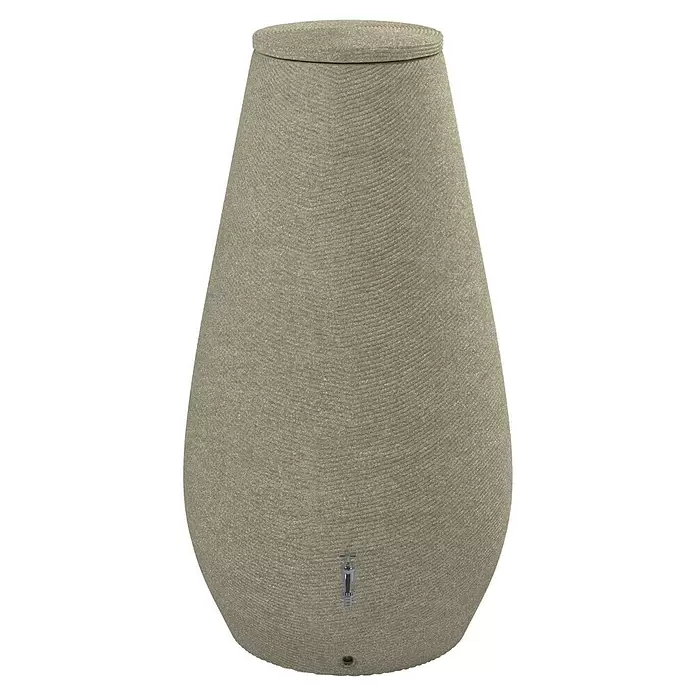 Arves Regenspeicher Drop - 410 l, Beige, 1 Stk. - Konischer, beigefarbener Regenwassertank mit Textur, Deckel und silbernem Zapfhahn.