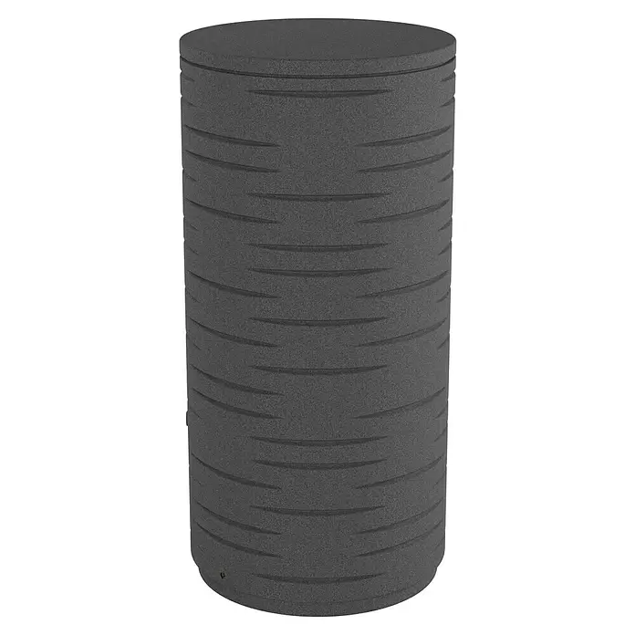 Arves Regenspeicher Freze - 410 l, Granit - Dunkelgraues, strukturiertes zylindrisches Regenfass mit horizontalen Rillen und kleiner Zapföffnung unten.