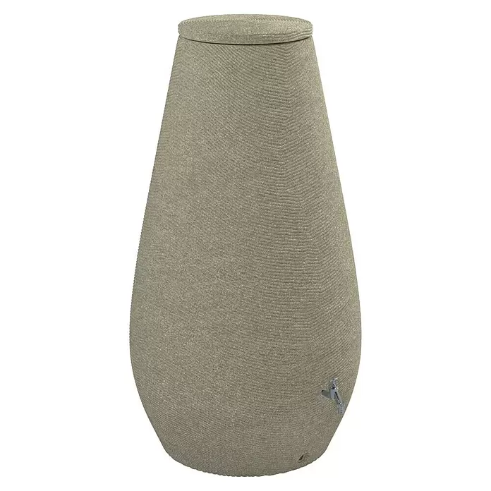 Arves Regenspeicher Drop - 410 l, Beige, 1 Stk. - Beigefarbenes, kegelförmiges Regenwasserfass in Steinoptik mit Deckel und Zapfhahn.