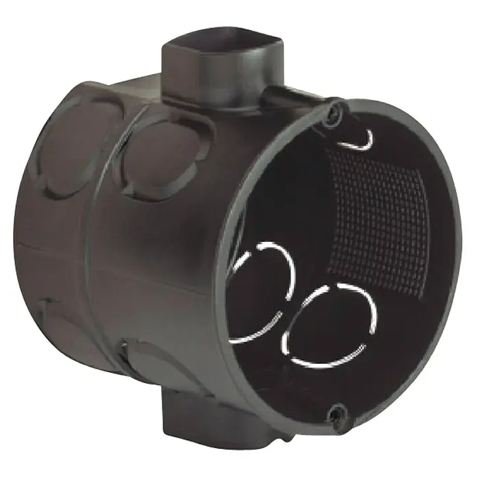Kaiser Schalterdose ECON 10 - 60 x 46 mm, 1-fach, Schwarz, Winddicht, 1 Stk. - Nahaufnahme einer runden Abzweigdose aus Kunststoff, ideal für Elektroinstallationen, mit seitlichen Einführungen und zentralem Anschluss.