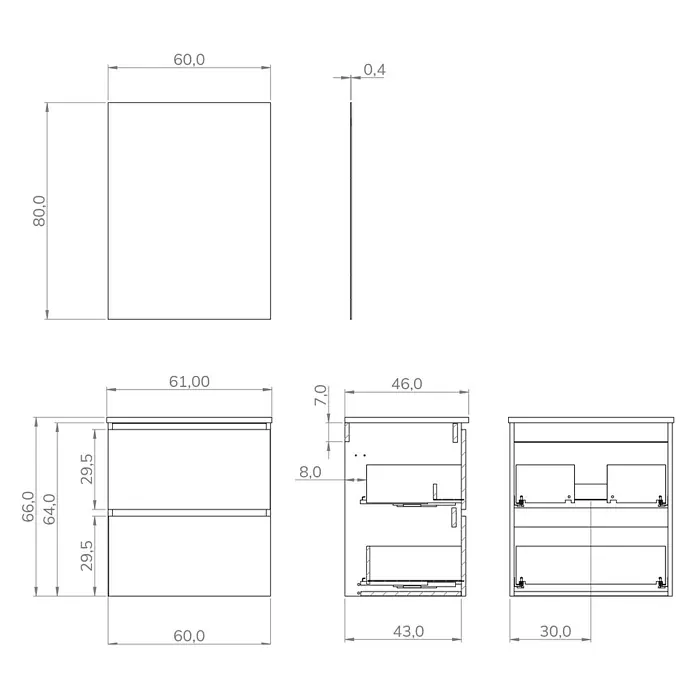 Artysan Conjunto de mueble de baño Harmony - Ancho: 60 cm, Roble, 3 pzs. - Dibujo técnico de un mueble de baño con cajones en varias vistas y dimensiones. Perfecto para la planificación del baño.