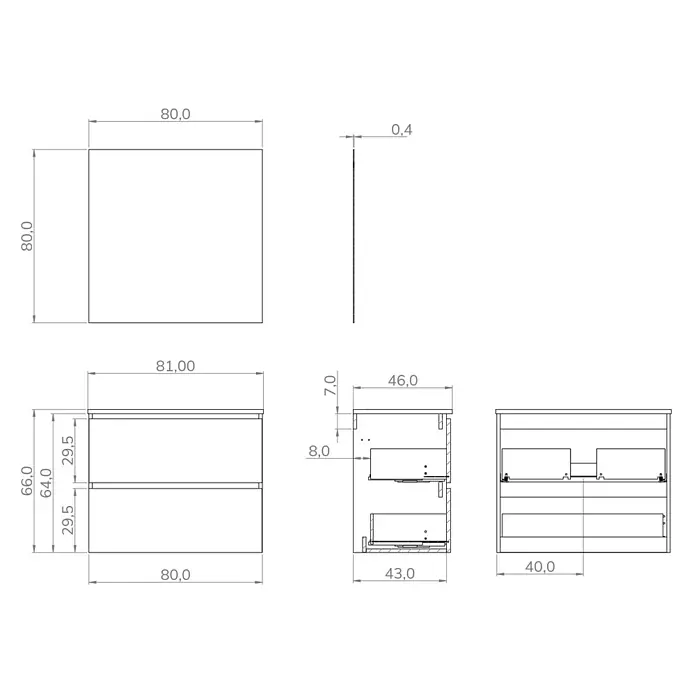 Artysan Conjunto de mueble de baño Harmony - Ancho: 100 cm, Visón, 3 pzs. - Dibujo técnico de un mueble de baño con cajones y las dimensiones para la instalación.