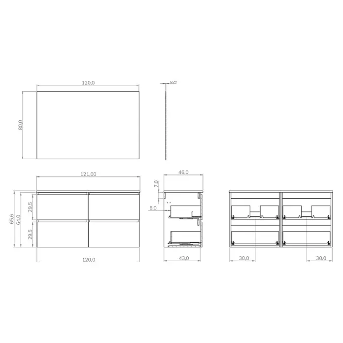 Artysan Conjunto de mueble de baño Harmony - Ancho: 120 cm, Negro, 3 pzs. - Dibujo técnico de un mueble de baño con cajones, mostrando vistas frontal, lateral y superior, con dimensiones en milímetros.