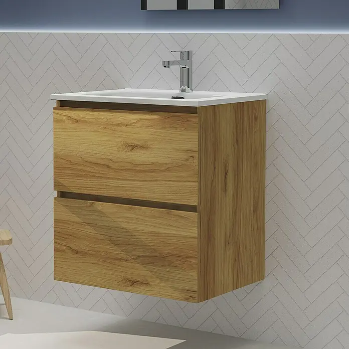 Artysan Conjunto de mueble de baño Harmony - Ancho: 60 cm, Roble, 3 pzs. - Un moderno mueble de baño con dos cajones en acabado de madera, coronado con un lavabo blanco, ideal para un baño elegante.