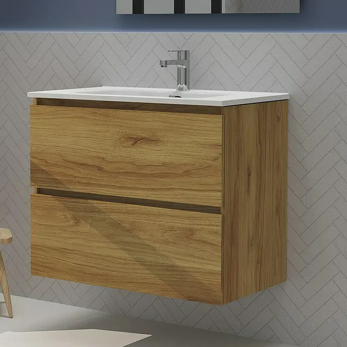 Artysan Conjunto de mueble de baño Harmony - Ancho: 80 cm, Roble, 3 pzs. - Un moderno mueble de baño de madera con dos cajones y un lavabo blanco, perfecto para cualquier diseño de baño. Da un toque moderno.