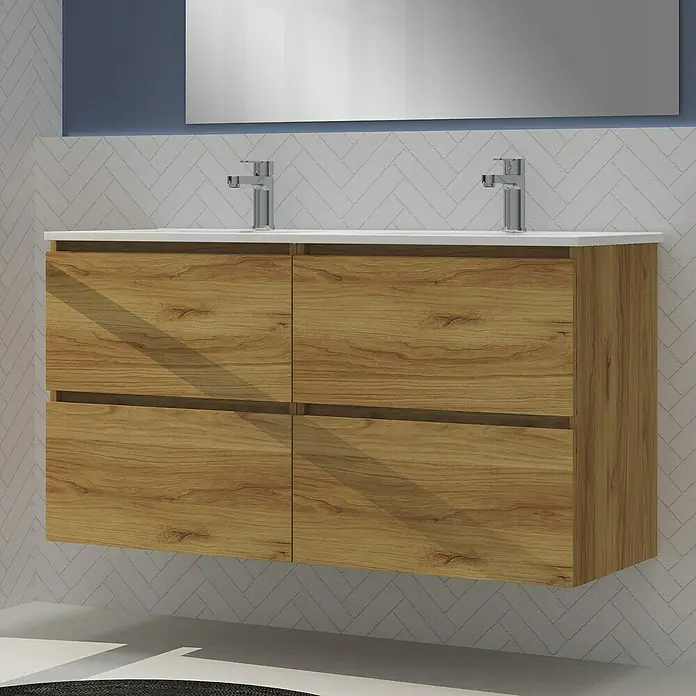 Artysan Conjunto de mueble de baño Harmony - Ancho: 120 cm, Roble, 3 pzs. - Un moderno mueble de baño de madera con dos lavabos y grifos elegantes, perfecto para cualquier baño.