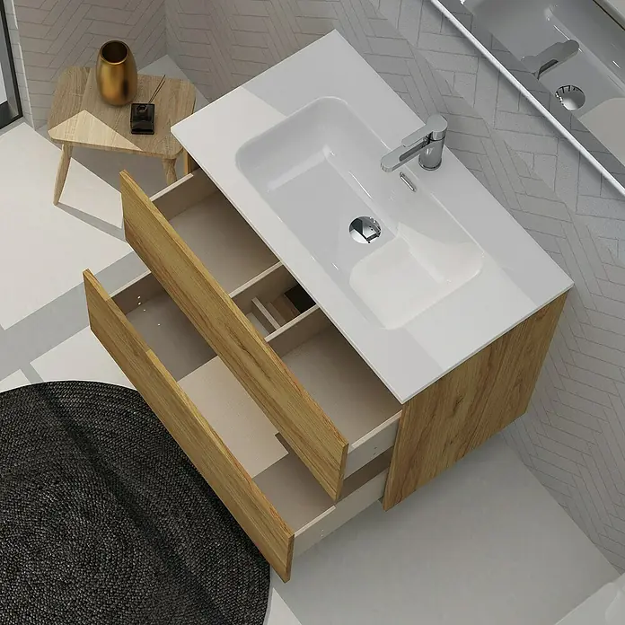 Artysan Conjunto de mueble de baño Harmony - Ancho: 80 cm, Roble, 3 pzs. - Lavabo moderno con mueble de madera y cajones abiertos. Ideal para baños elegantes.