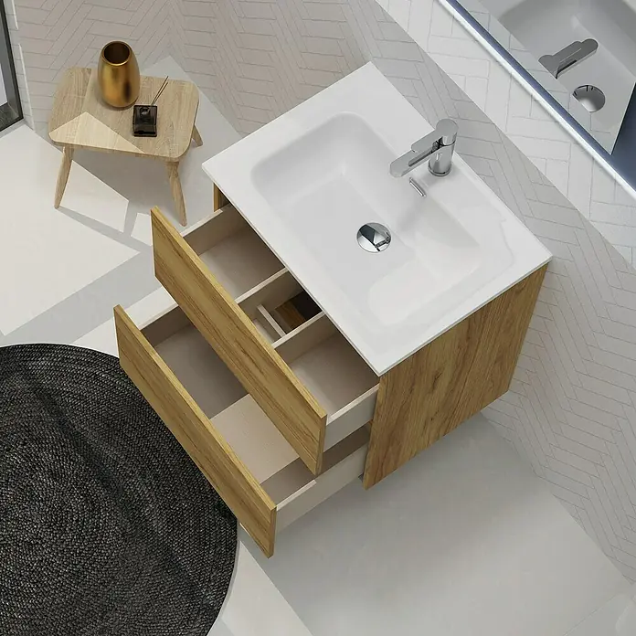 Artysan Conjunto de mueble de baño Harmony - Ancho: 60 cm, Roble, 3 pzs. - Lavabo de baño moderno con sistema de cajones abiertos y acabado en madera. Su diseño limpio complementa perfectamente el ambiente de baño contemporáneo.