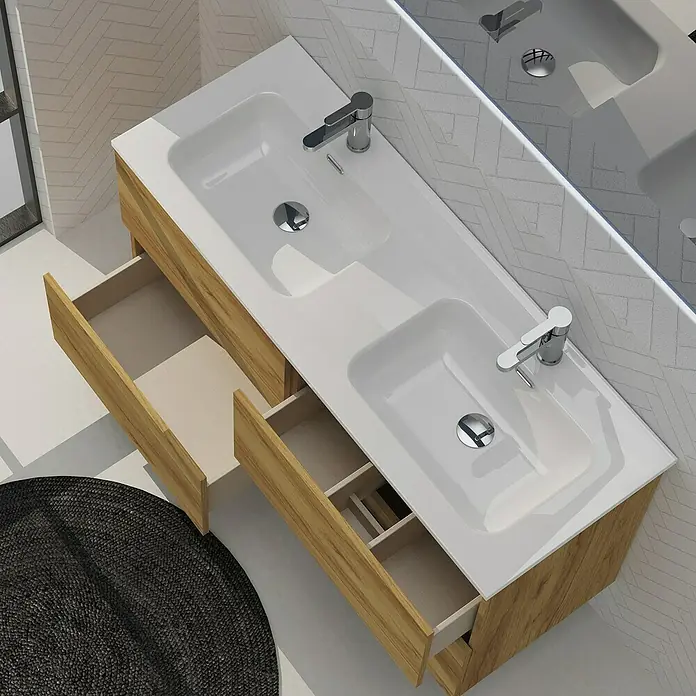 Artysan Conjunto de mueble de baño Harmony - Ancho: 120 cm, Roble, 3 pzs. - Un tocador moderno de doble lavabo con dos cajones abiertos en un baño, que muestra diseño y funcionalidad.