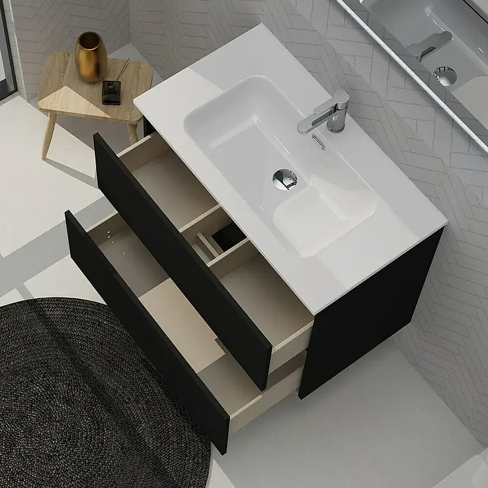 Artysan Conjunto de mueble de baño Harmony - Ancho: 80 cm, Negro, 3 pzs. - Baño moderno con mueble de lavabo con lavabo blanco y cajones negros abiertos. Diseño elegante para tu baño.