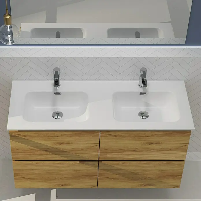 Artysan Conjunto de mueble de baño Harmony - Ancho: 120 cm, Roble, 3 pzs. - Mueble de baño con doble lavabo y textura de madera, ideal para un baño moderno. Amplio espacio de almacenamiento gracias a los cajones.