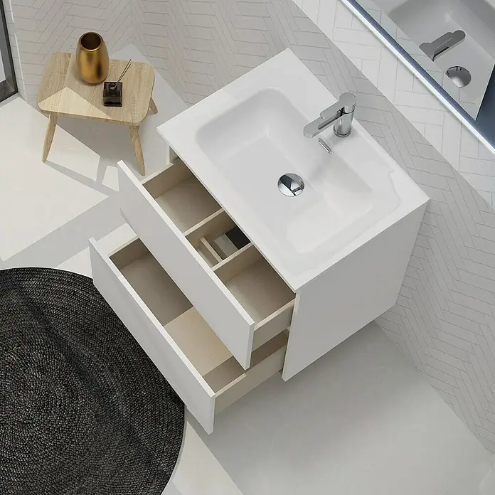 Artysan Conjunto de mueble de baño Harmony - Ancho: 60 cm, Blanco, 3 pzs. - Un tocador de baño moderno con lavabo y cajones abiertos para una apariencia elegante. Los cajones ofrecen almacenamiento adicional.