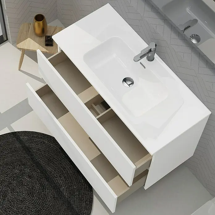 Artysan Conjunto de mueble de baño Harmony - Ancho: 100 cm, Blanco, 3 pzs. - Un moderno mueble de baño blanco con cajones abiertos, destacando su diseño elegante y sus prácticas soluciones de almacenamiento.