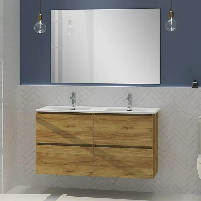 Artysan Conjunto de mueble de baño Harmony - Ancho: 120 cm, Roble, 3 pzs. - Interior de baño con mueble bajo lavabo en aspecto madera, gran espejo y dos lámparas colgantes para un ambiente moderno.