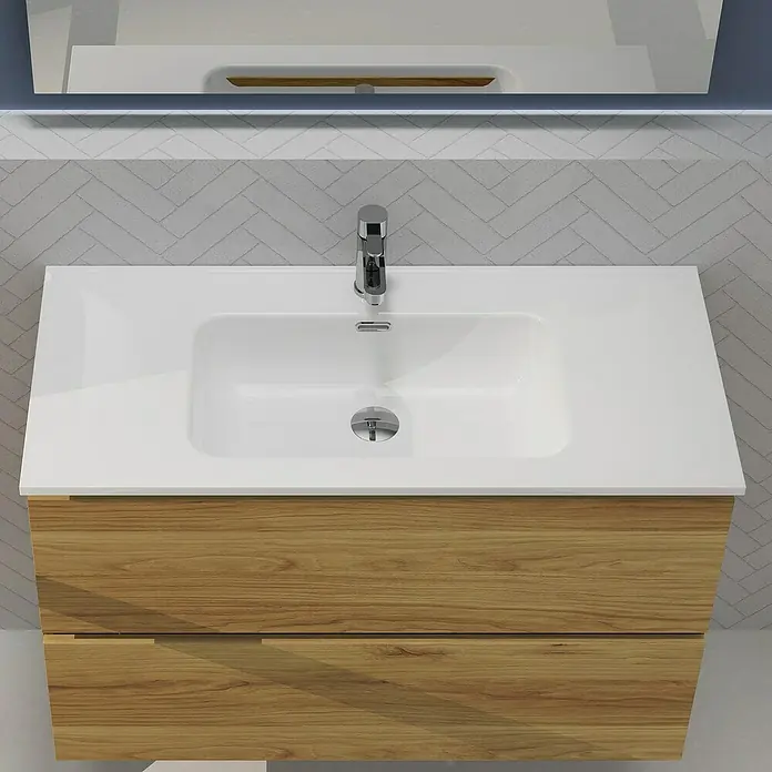 Artysan Conjunto de mueble de baño Harmony - Ancho: 100 cm, Roble, 3 pzs. - Moderno mueble de baño con lavabo, grifo y armario con aspecto de madera. Un diseño elegante para cualquier baño.