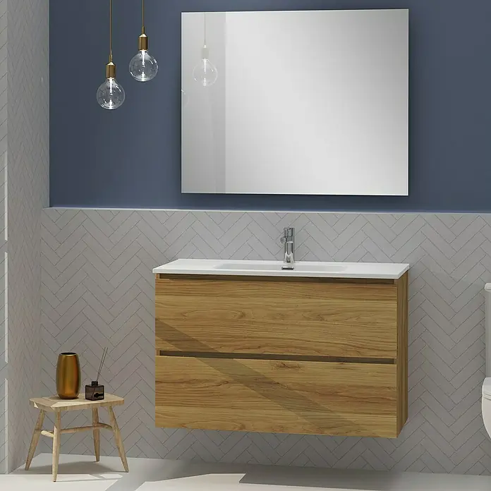 Artysan Conjunto de mueble de baño Harmony - Ancho: 100 cm, Roble, 3 pzs. - Elegante mueble de baño con acabado en madera, complementado con un espejo estiloso y lámparas colgantes para un ambiente moderno.