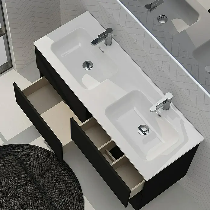 Artysan Conjunto de mueble de baño Harmony - Ancho: 120 cm, Negro, 3 pzs. - Un tocador doble con armarios negros y cajones abiertos, complementado con una alfombra redonda y espejo. Accesorio de baño moderno.