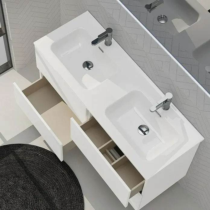 Artysan Conjunto de mueble de baño Harmony - Ancho: 120 cm, Blanco, 3 pzs. - Tocador doble con dos lavabos y cajones abiertos. El diseño moderno ofrece un amplio almacenamiento en el baño.
