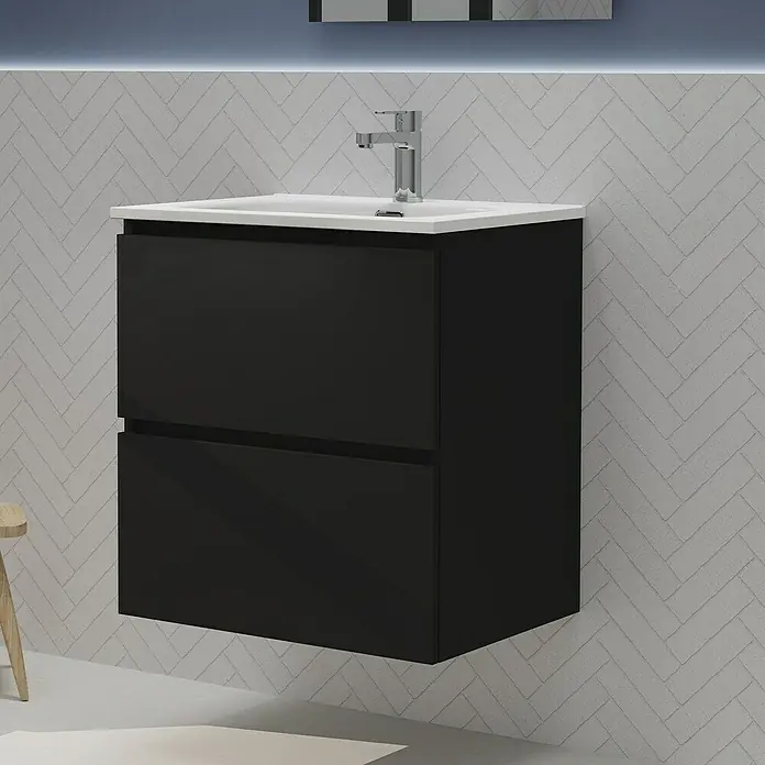 Artysan Conjunto de mueble de baño Harmony - Ancho: 60 cm, Negro, 3 pzs. - Un moderno mueble de baño negro con dos cajones y un lavabo superior blanco, que añade elegancia y funcionalidad a cualquier baño.