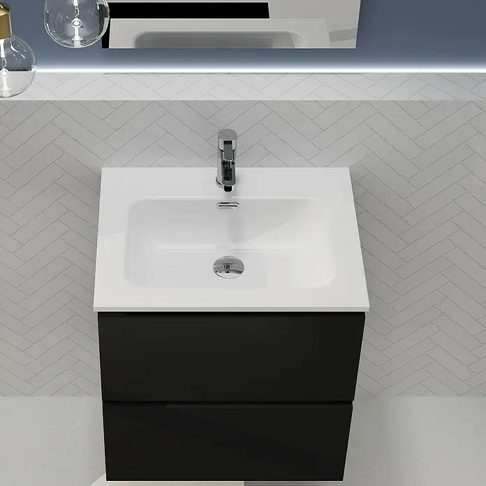 Artysan Conjunto de mueble de baño Harmony - Ancho: 60 cm, Negro, 3 pzs. - Primer plano de un baño moderno con mueble de lavabo en blanco y negro. Diseño elegante, ideal para baños con estilo.