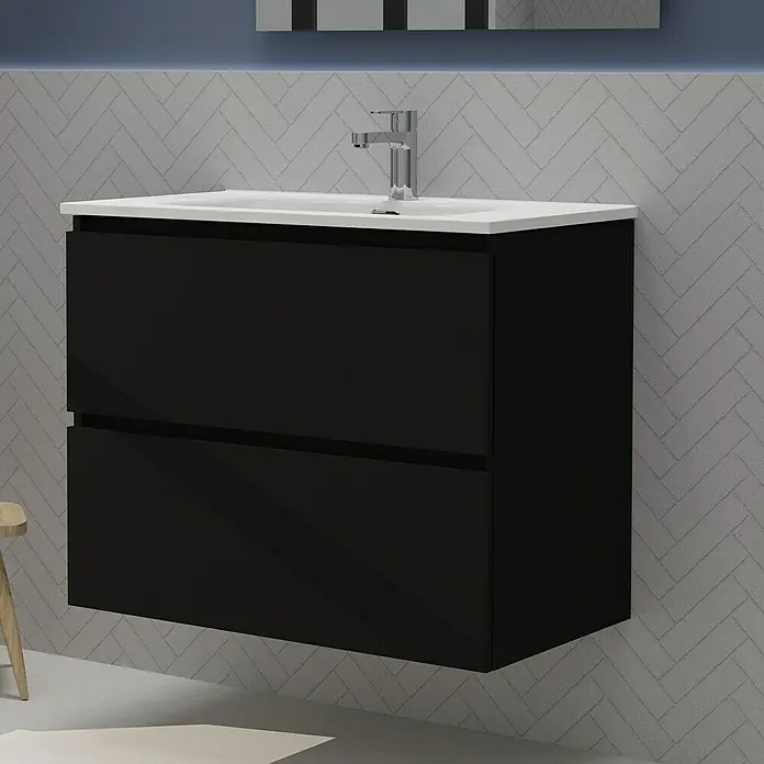 Artysan Conjunto de mueble de baño Harmony - Ancho: 80 cm, Negro, 3 pzs. - Elegante lavabo moderno con mueble negro y dos cajones para un diseño de baño elegante.