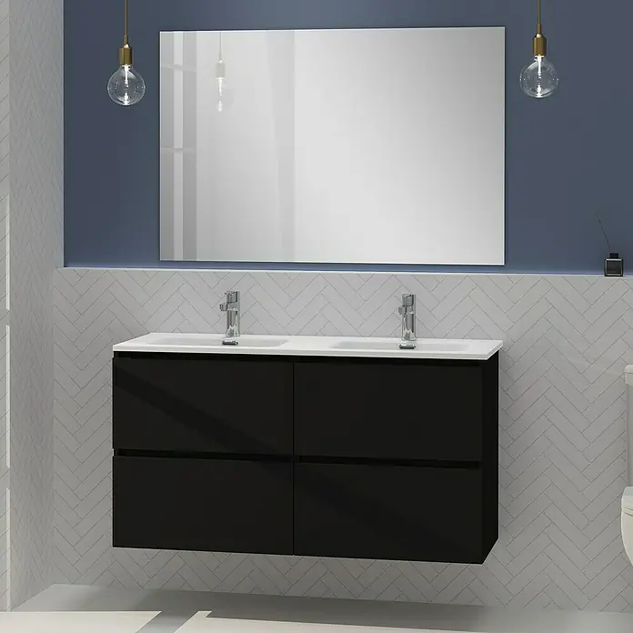 Artysan Conjunto de mueble de baño Harmony - Ancho: 120 cm, Negro, 3 pzs. - Mueble de baño con armario negro y doble lavabo, complementado por un gran espejo y dos bombillas colgantes.
