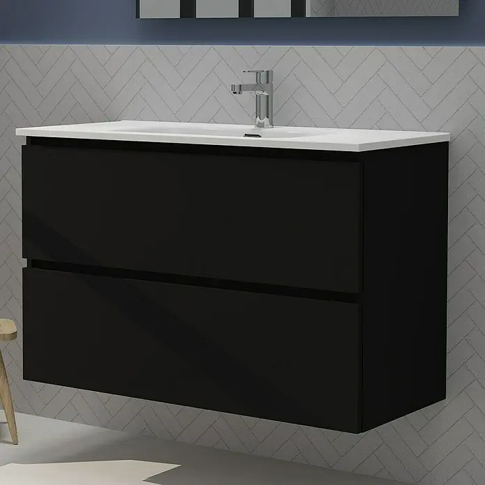 Artysan Conjunto de mueble de baño Harmony - Ancho: 100 cm, Negro, 3 pzs. - Elegante mueble de baño negro con dos cajones y encimera blanca. Diseño moderno para baños con estilo.