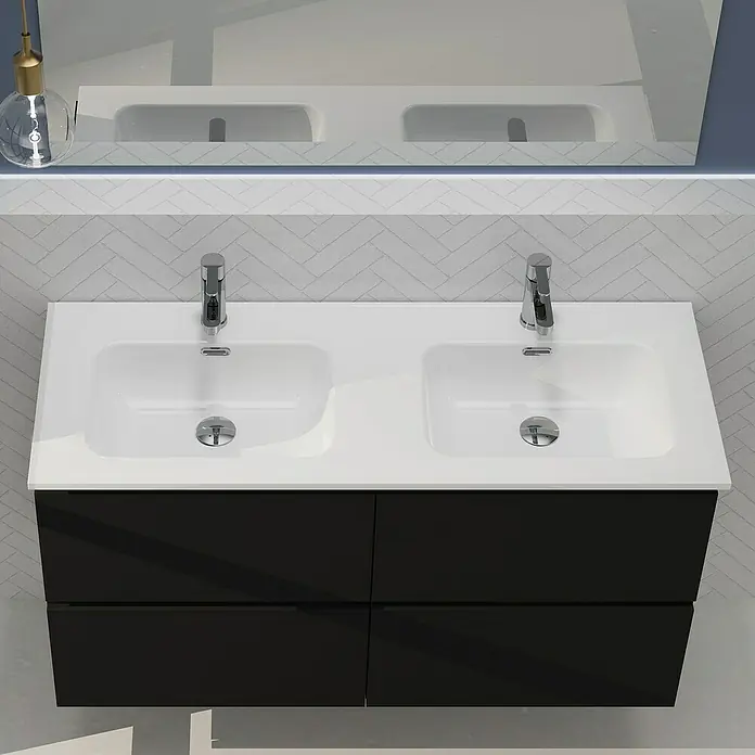 Artysan Conjunto de mueble de baño Harmony - Ancho: 120 cm, Negro, 3 pzs. - Moderno lavabo doble con mueble negro y espejo grande. El lavabo destaca por su diseño minimalista y líneas limpias.