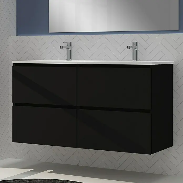 Artysan Conjunto de mueble de baño Harmony - Ancho: 120 cm, Negro, 3 pzs. - Mueble de baño negro con cajones y dos grifos sobre un lavabo blanco.