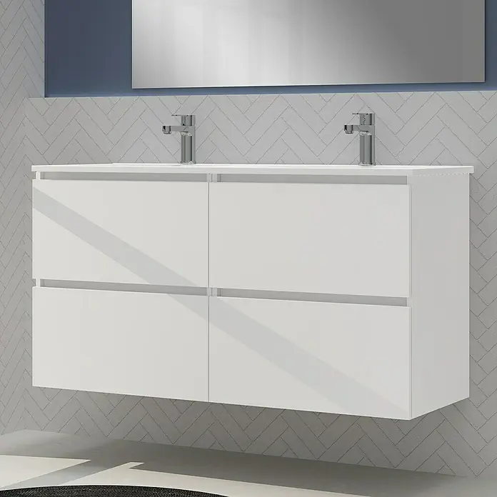 Artysan Conjunto de mueble de baño Harmony - Ancho: 120 cm, Blanco, 3 pzs. - Moderno conjunto de mueble de baño flotante en blanco con dos grifos y cajones para almacenamiento en el baño.