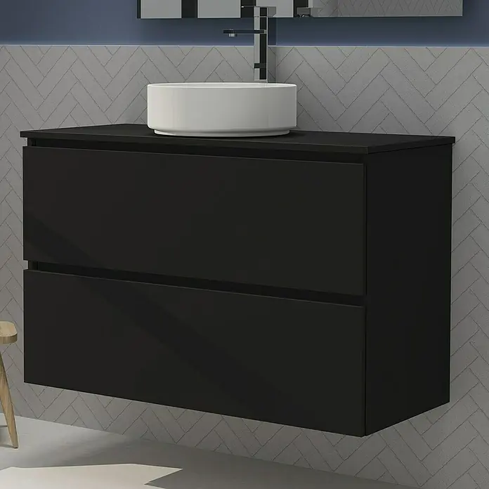 Artysan Conjunto de mueble de baño Harmony Top - Ancho: 100 cm, Negro, 4 pzs. - Moderno mueble de baño negro con dos cajones y un lavabo redondo sobre encimera. Diseño elegante para actualizar cualquier baño con espacio funcional.