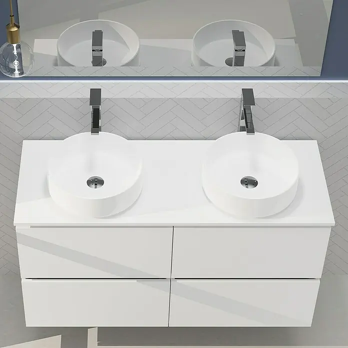 Artysan Conjunto de mueble de baño Harmony Top - Ancho: 120 cm, Blanco, 4 pzs. - Moderno mueble de baño doble con lavabos sobre encimera redondos y cajones para un baño elegante.