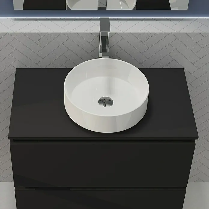 Artysan Conjunto de mueble de baño Harmony Top - Ancho: 80 cm, Negro, 4 pzs. - Elegante juego de lavabo con lavabo redondo sobre encimera y mueble bajo negro para un diseño de baño moderno.