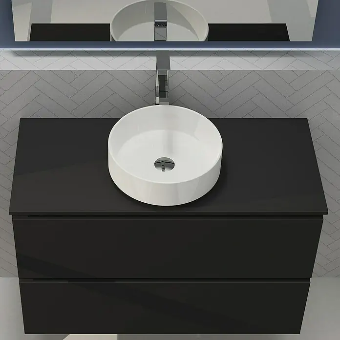 Artysan Conjunto de mueble de baño Harmony Top - Ancho: 100 cm, Negro, 4 pzs. - Un mueble de baño moderno con un lavabo redondo sobre encimera blanco y un elegante mueble negro. Diseño elegante.