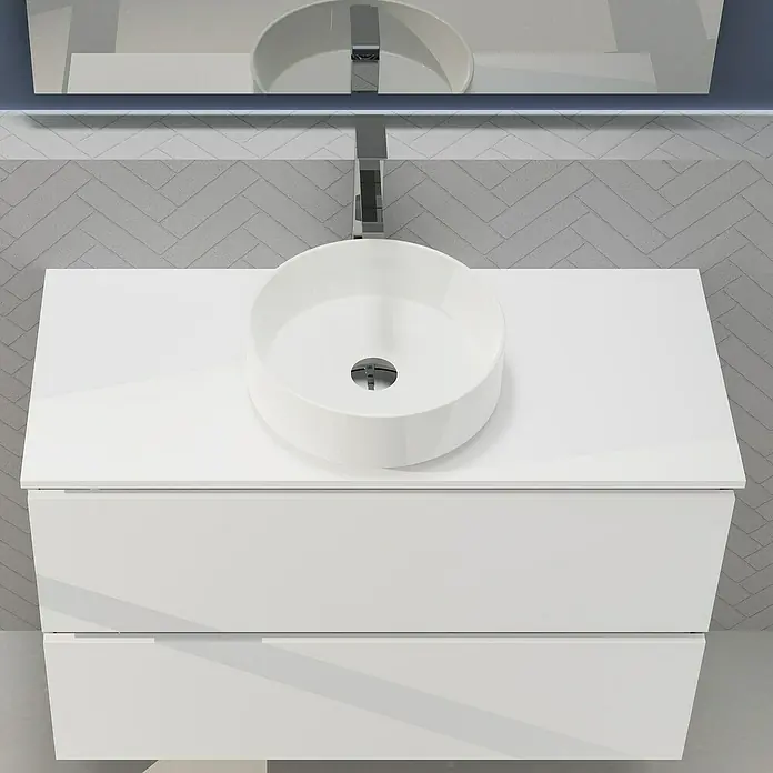 Artysan Conjunto de mueble de baño Harmony Top - Ancho: 100 cm, Blanco, 4 pzs. - Un moderno mueble de baño con un lavabo sobre encimera redondo en blanco, que ofrece una solución de diseño de baño elegante.