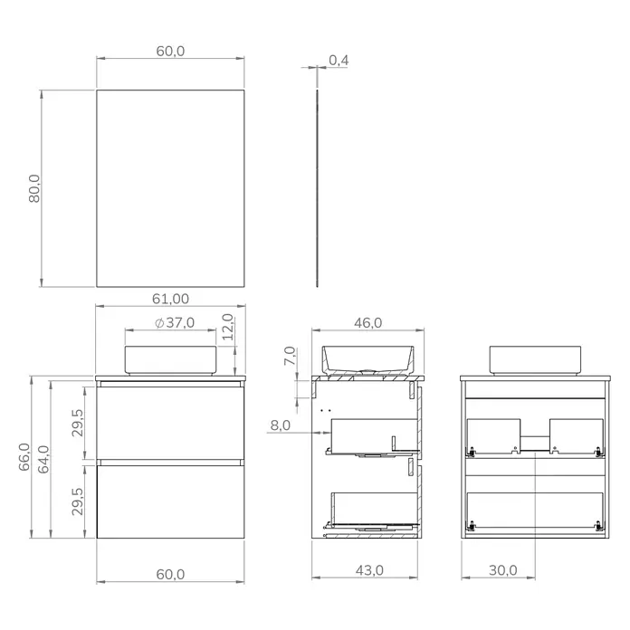 Artysan Conjunto de mueble de baño Harmony Top - Ancho: 60 cm, Verde musgo, 3 pzs. - Vista del producto: Mueble de lavabo con cajones y espejo, dimensiones detalladas para muebles de baño.