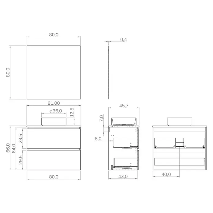Artysan Conjunto de mueble de baño Harmony Top - Ancho: 80 cm, Blanco, 4 pzs. - Dibujo técnico de un mueble de baño con lavabo y espejo, dimensiones indicadas en milímetros.