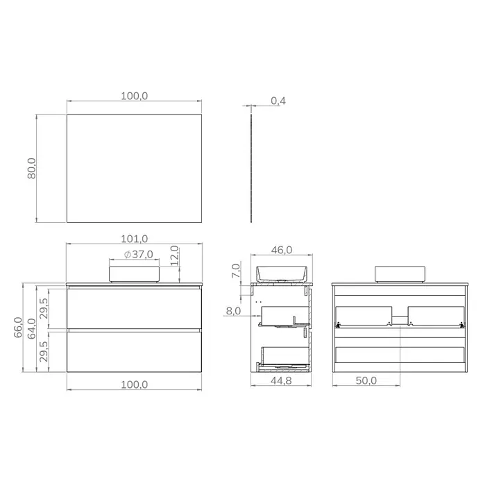 Artysan Conjunto de mueble de baño Harmony Top - Ancho: 100 cm, Verde musgo, 3 pzs. - Un dibujo técnico de un mueble de baño con lavabo, mostrando las dimensiones del producto y los detalles de construcción.