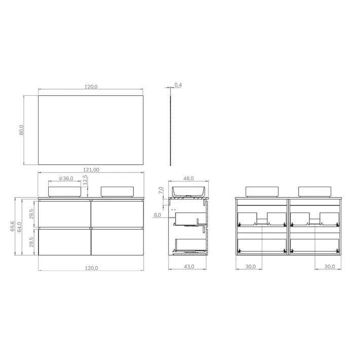 Artysan Conjunto de mueble de baño Harmony Top - Ancho: 120 cm, Visón, 3 pzs. - Dibujo técnico de un mueble de lavabo con lavabo y espejo, dimensiones en mm.