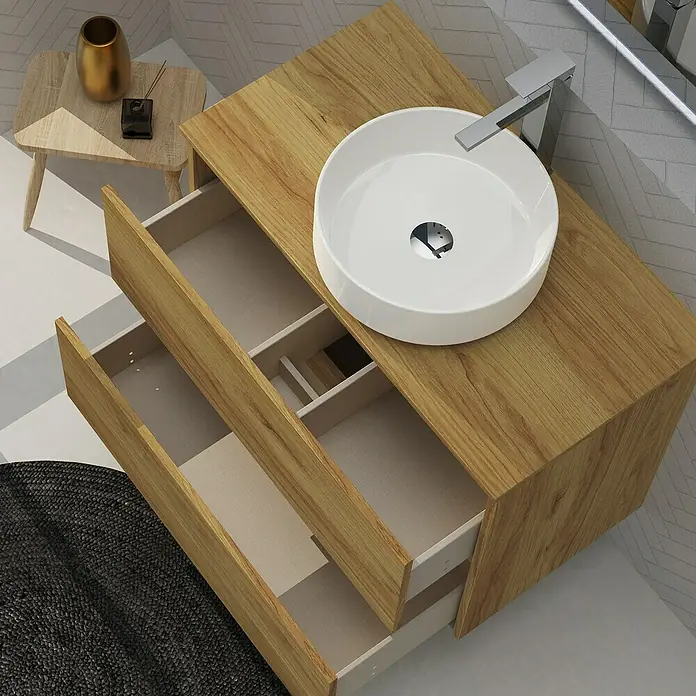 Artysan Conjunto de mueble de baño Harmony Top - Ancho: 80 cm, Roble, 4 pzs. - Un moderno mueble de baño con diseño de cajones abiertos y lavabo sobre encimera. El acabado de madera aporta un toque cálido al baño.