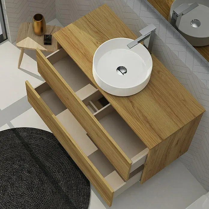 Artysan Conjunto de mueble de baño Harmony Top - Ancho: 100 cm, Roble, 4 pzs. - Un mueble de baño moderno con cajones abiertos y un lavabo redondo sobre encimera, creando un ambiente elegante.