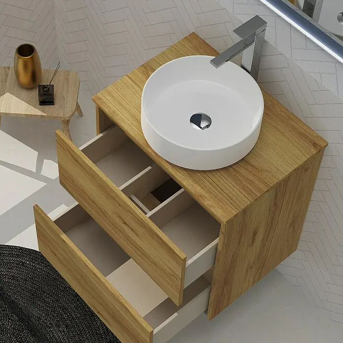 Artysan Conjunto de mueble de baño Harmony Top - Ancho: 60 cm, Roble, 4 pzs. - Lavabo de baño moderno con mueble de madera abierto y grifo elegante, ideal para un diseño de baño contemporáneo.