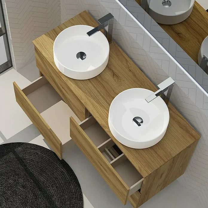 Artysan Conjunto de mueble de baño Harmony Top - Ancho: 120 cm, Roble, 4 pzs. - Elegante mueble de baño con dos lavabos redondos y cajones abiertos. Diseño moderno para un baño con estilo.