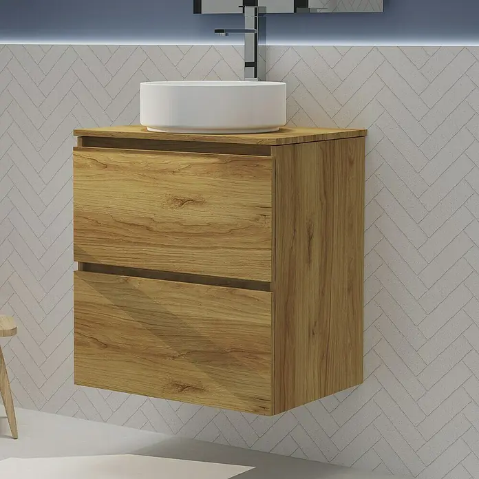 Artysan Conjunto de mueble de baño Harmony Top - Ancho: 60 cm, Roble, 4 pzs. - Mueble de baño color madera con dos cajones y lavabo redondo de cerámica para un baño moderno.