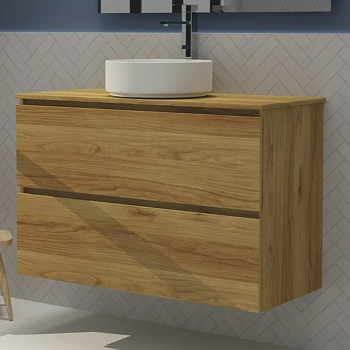 Artysan Conjunto de mueble de baño Harmony Top - Ancho: 100 cm, Roble, 4 pzs. - Mueble de baño con mueble bajo lavabo de madera y lavabo redondo sobre encimera. Un diseño atemporal para su baño.