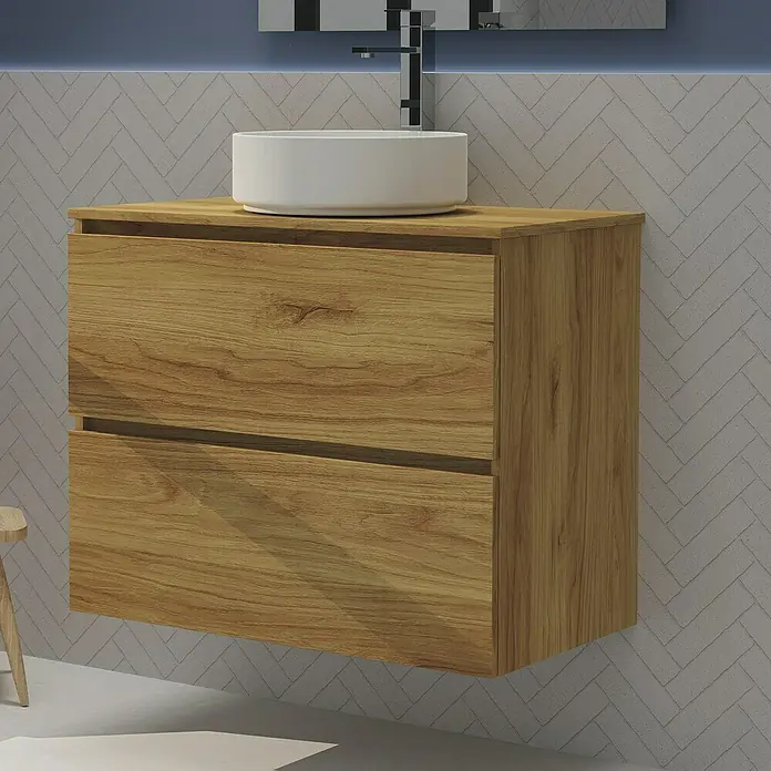 Artysan Conjunto de mueble de baño Harmony Top - Ancho: 80 cm, Roble, 4 pzs. - Imagen de un mueble de baño de madera clara con un lavabo de encimera redondo y blanco encima. El mueble tiene dos cajones.