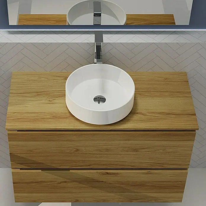 Artysan Conjunto de mueble de baño Harmony Top - Ancho: 100 cm, Roble, 4 pzs. - Un moderno tocador de baño con un mueble de madera y un lavabo sobre encimera blanco, que ofrece un diseño elegante y con estilo.