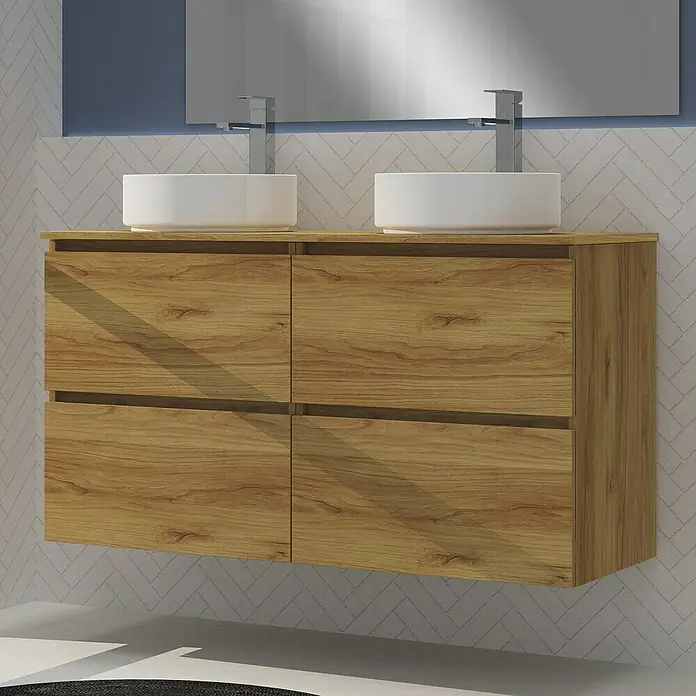 Artysan Conjunto de mueble de baño Harmony Top - Ancho: 120 cm, Roble, 4 pzs. - Moderno mueble de baño de madera con dos lavabos sobre encimera, perfecto para baños elegantes. Funcionalidad y diseño unidos.