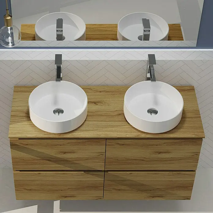 Artysan Conjunto de mueble de baño Harmony Top - Ancho: 120 cm, Roble, 4 pzs. - Tocador de baño con dos lavabos redondos y cajones con aspecto de madera bajo un espejo.